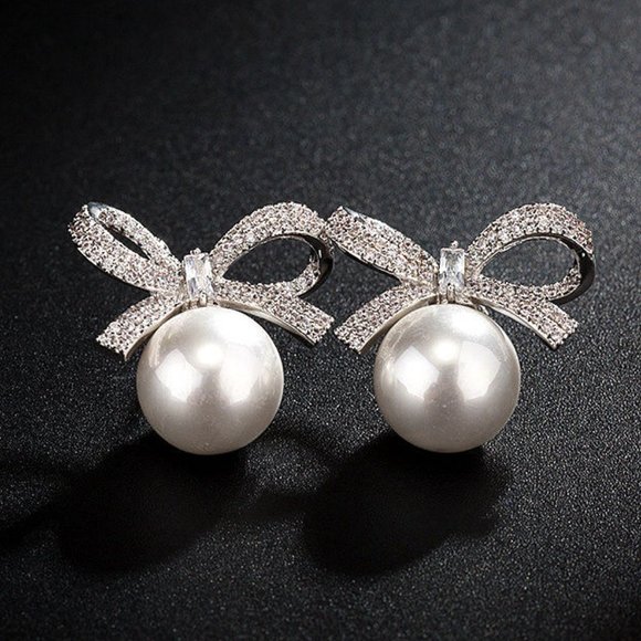 Jewelry - NEW 925 Sterling Silver Pearl Diamond Bow Earrings